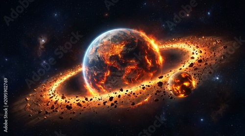Molten Early Earth Ringed by Debris as Giant Impact and Moon Formation Metaphor