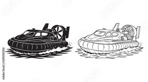 Photos hovercraft with line art vector icon black silhouette over water black silhouett