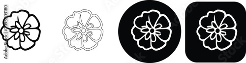 Four variations of a small flower featuring a simple botanical in solid black, outline, and white on black circular and square shapes