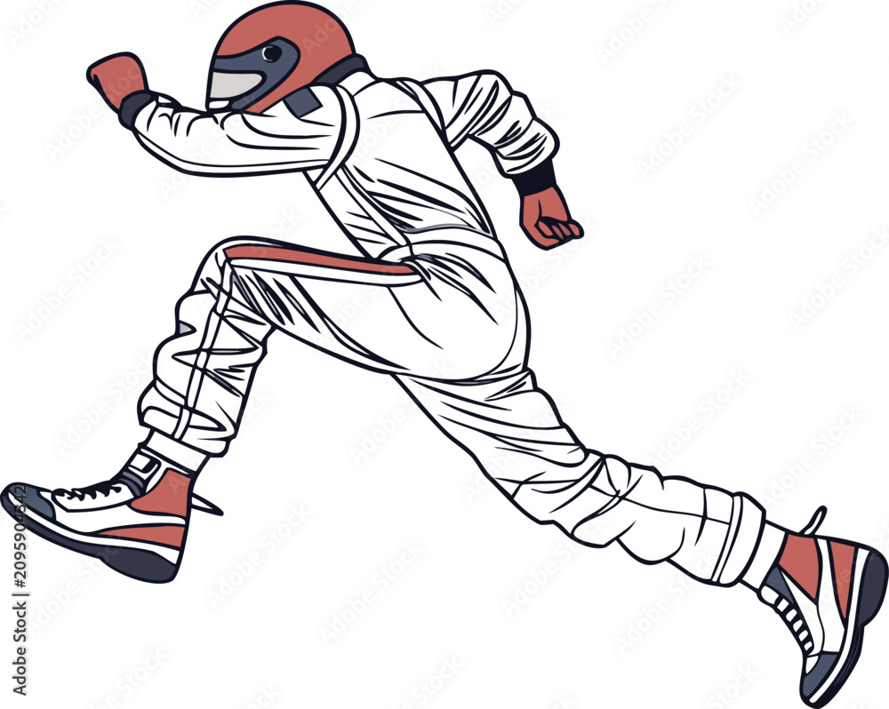 Fototapeta premium Racing driver in white suit and red helmet running with dynamic pose