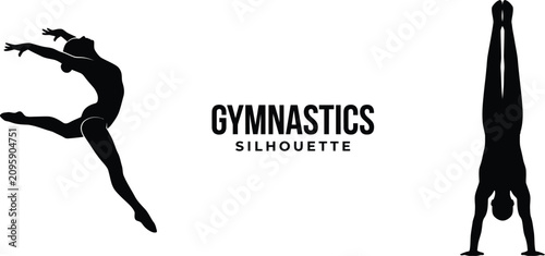 Quadro su tela female gymnast performing leap and handstand black silhouette vector graphic ele