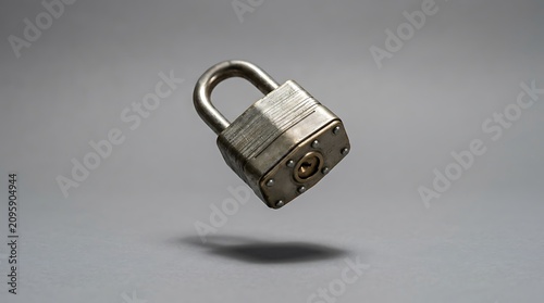 Metal padlock levitating on gray background with shadow