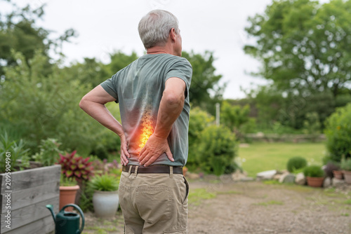 Gardener experiencing lower back strain in garden