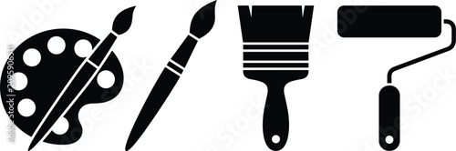 Artistic painting and home renovation tool icon set featuring artist palette brushes and paint roller silhouettes for creative studio decor concepts