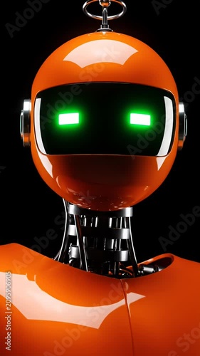 Orange humanoid robot on plain black background.
