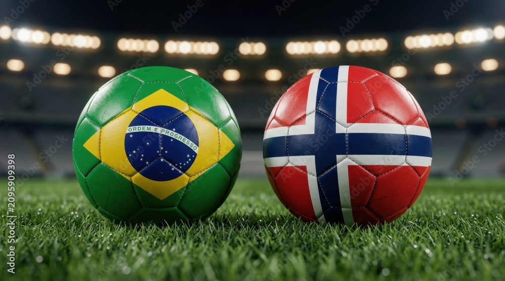 Naklejka premium Brazil vs Norway Soccer Match. Two national flag footballs on a stadium grass pitch, illuminated by bright lights, symbolizing international competition and championship.