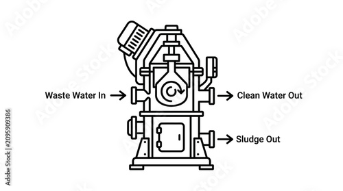 Illustration of a wastewater treatment machine processing sludge and clean water output