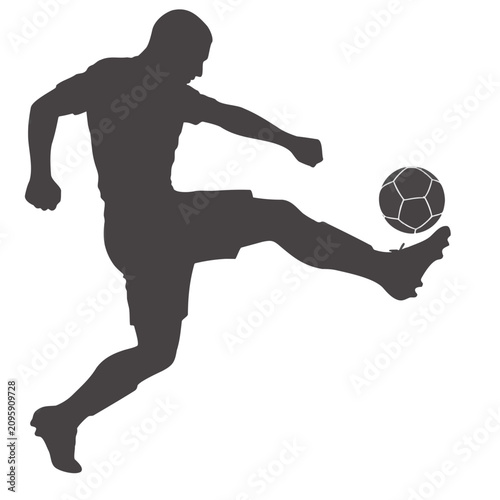 Soccer player silhouette kicking a football, solid black vector, isolated on white background.