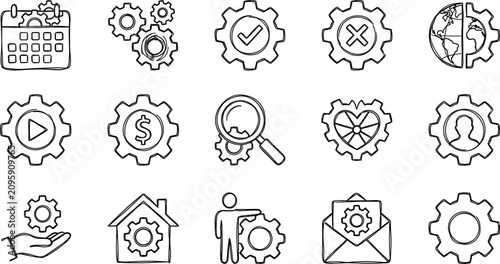 Принти на полотні Business settings and gear management icon collection featuring hand drawn style