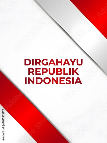 Indonesian Independence Day vertical flyer banner template with red and white geometric diagonal stripes design and greeting text.