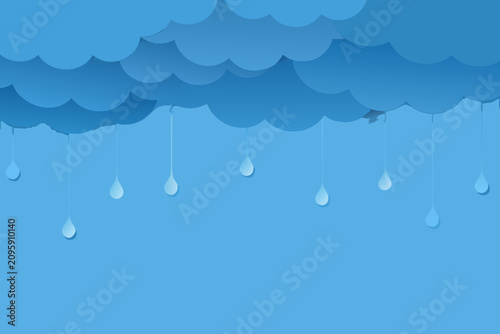 Bild auf Leinwand Layered Paper Rain Cloud With Droplets Blue Background Illustration