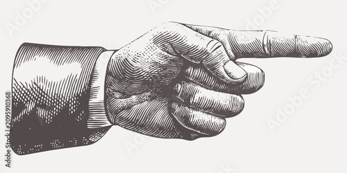 Foto Pointing hand illustration in vintage etched style with detailed linework