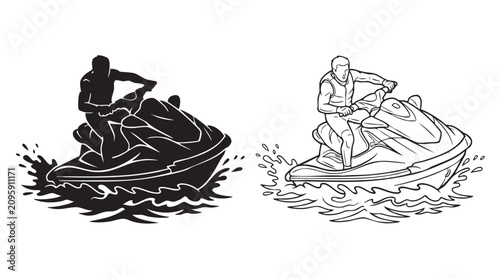 Cuadro en lienzo jet ski on choppy water black silhouette with line art vector icon