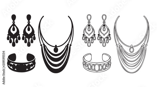 Schilderij op canvas jewelry set with black silhouette and line art vector icon black silhouette with