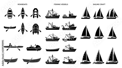 Foto Collection of Watercraft Icons: Rowboats, Fishing Vessels, and Sailing Craft