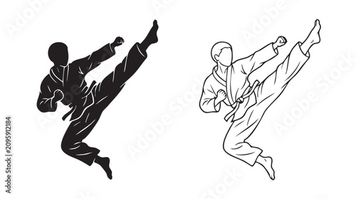 martial artist performing high kick black silhouette with line art vector icon