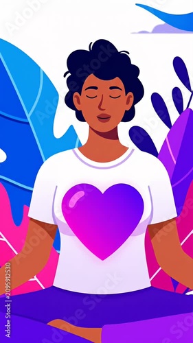 Woman meditating for mindfulness with heart symbol.