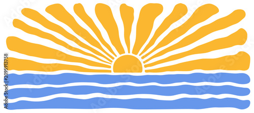Sun and wave background, summer groovy pattern. Sunrise over ocean bg. Retro yellow ray and line blue sea, color burst and sunset beach. Cartoon abstract vector illustration
