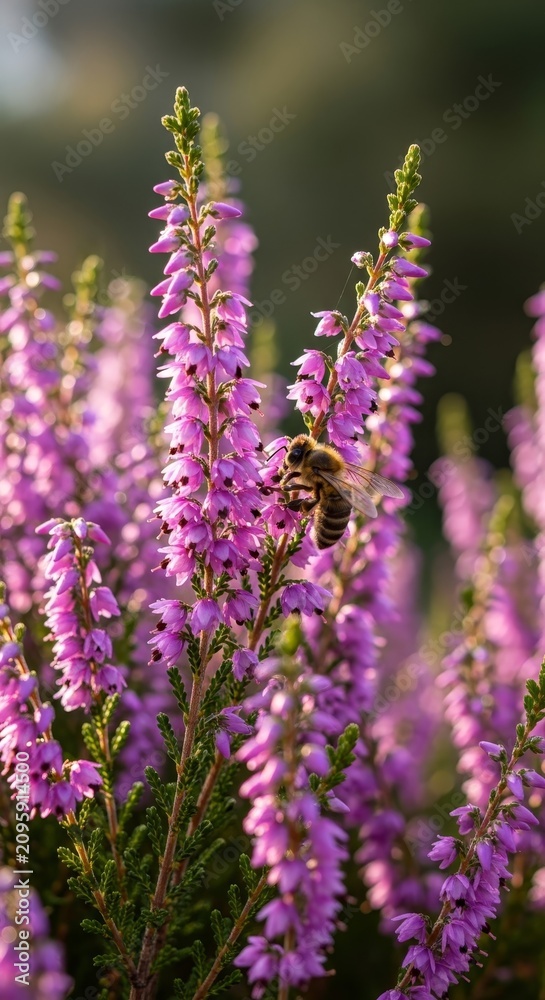 Fototapeta premium Bee on Heather Flowers - A Close-Up of Natures Beauty.