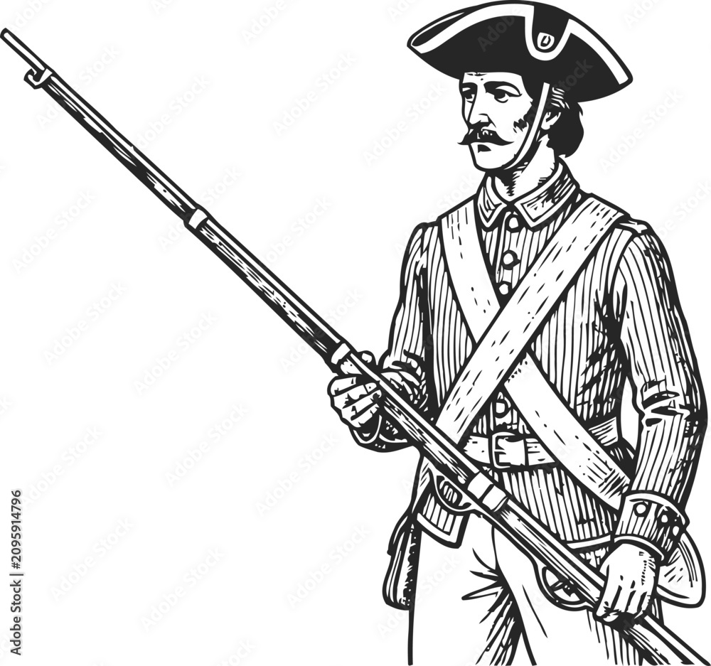 Fototapeta premium engraving colonial soldier with musket historical uniform and 18th century military weapon illustration