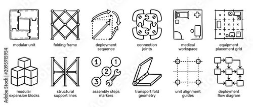 Collection of twelve modular construction icons showing concepts like folding frames, assembly steps, and deployment diagrams in a hand-drawn line art style for technical schematics