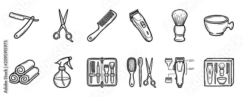 Set of hand-drawn barbershop and hairdressing tools including a razor, scissors, comb, and clipper in a black and white line art illustration style for grooming concepts