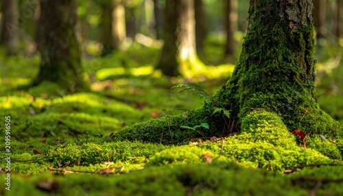 Enchanting Forest Floor Covered in Lush Green Moss and Sunlight.