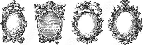 Antique ornate oval frames with detailed vintage floral and baroque elements engraving set