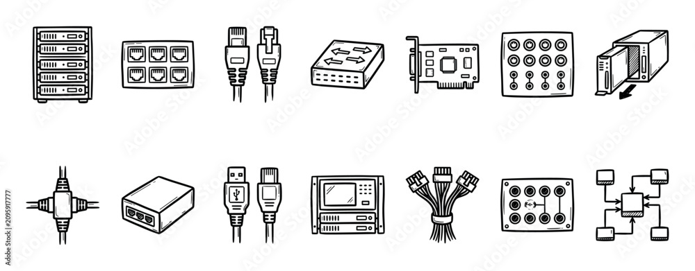 Fototapeta premium Collection of hand-drawn computer hardware icons showing a server rack, network switch, ethernet cables, and other components in a black and white doodle sketch illustration style
