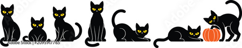 Fotografie Cute black cat silhouette set in different poses with yellow eyes and a Hallowee
