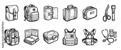 Hand-drawn set of emergency medical icons showing first aid supplies, tactical gear, a medic backpack, trauma shears, a bandage, and a protective vest in a black and white sketch style