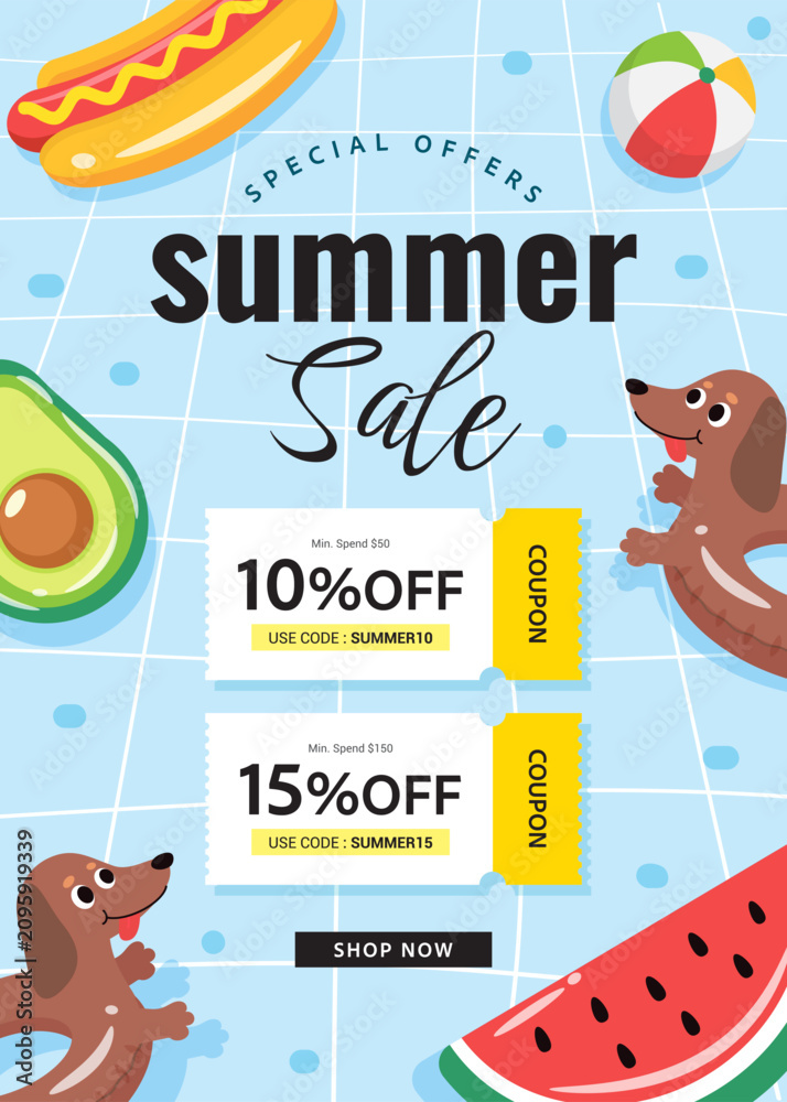 Fototapeta premium Summer sale coupon promotion template vector illustration. Fruit pool rafts and Dachshund swim ring