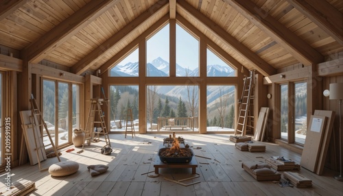 Mountain cabin interior with warm rustic serenity