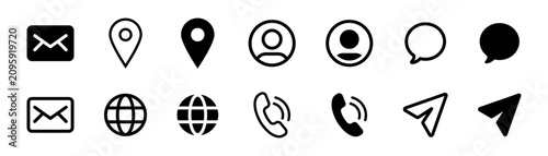 Business Contact icon set . mail, location, phone, globe، website, message, and profile symbols in outline and solid black for business card and communication design