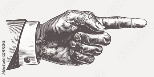 Fotografía Pointing hand illustration in vintage etching style with a light gray background