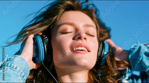 Smiling woman listening to music with headphones under a clear blue sky, enjoying a carefree sunny moment
