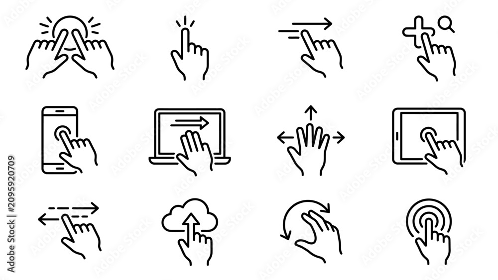 Fototapeta premium Touchscreen gesture icons vector illustration, black outline set featuring hand movements for tap, swipe, zoom, rotate, and drag actions on smartphones, tablets, and computers, digital interaction con