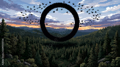 Foto Surreal floating black circle with disintegrating particle effect over pixel art