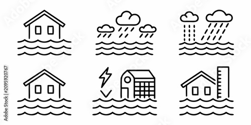 Flood Disaster Icons Line Art Style On White Background