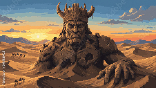 Obraz na płótnie Ancient giant stone warrior statue buried in desert sand at sunset, pixel art il