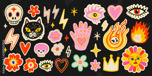 Hand Drawn Stickers Featuring Skulls Flowers And Lightning Bolts Vector Illustration