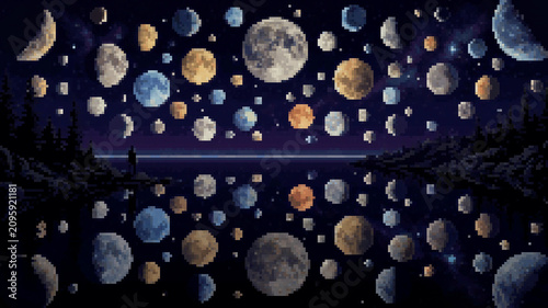 Foto Surreal pixel art illustration of a lone silhouette standing by a lake reflectin