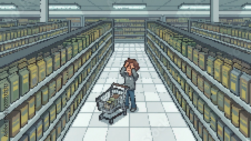 Photos Pixel art illustration of an overwhelmed person shopping in a supermarket aisle