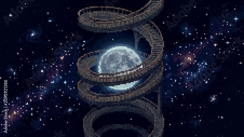 Принти на полотні Surreal pixel art illustration of a spiral staircase winding around a moon in de