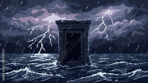 Quadro su tela Surreal pixel art illustration of a mysterious stone portal standing in a stormy
