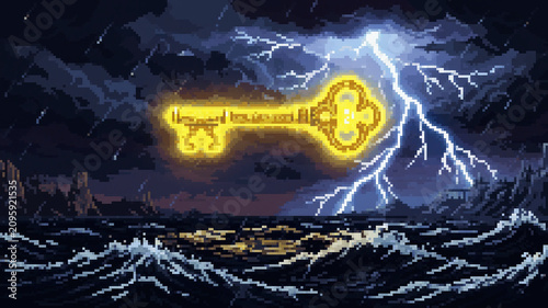 Obraz na plátně Surreal pixel art illustration of a glowing golden key hovering above a stormy s