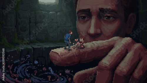 Bild auf Leinwand Surreal pixel art illustration of a tiny person interacting with a giant hand an
