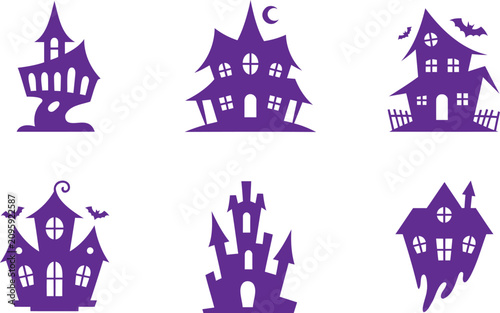Foto Collection of purple haunted houses and spooky mansions in various shapes and de