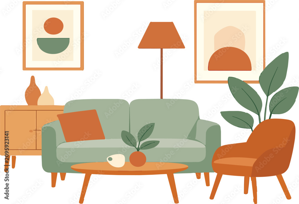 Fototapeta premium Modern Living Room Interior Design, Boho Style Sofa, Armchair, Coffee Table, Art