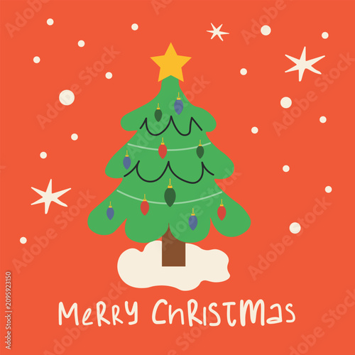 Merry Christmas greeting card with decorated green pine tree standing in snow on a red background with starry flakes, ideal for traditional holiday wishes and retail winter sale banners.